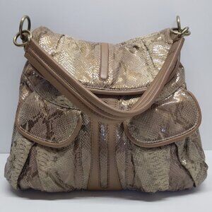 MALINI MURJANI Snake Print Metallic Tan Leather Shoulder Bag